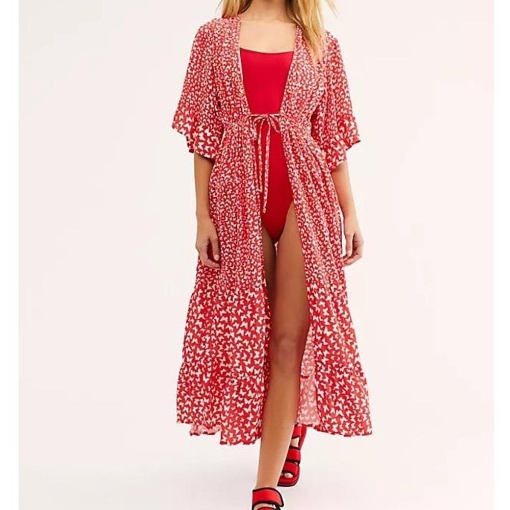Rahi Social Butterfly Kimono Red White Butterfly Print Tiered Maxi OS